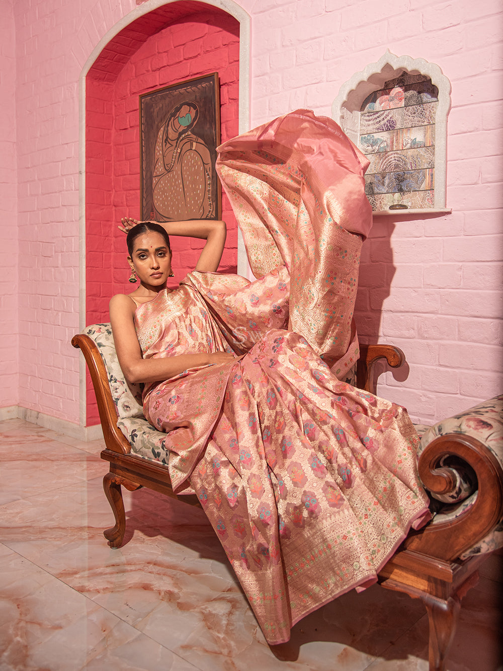 Pastel Pink Meenakari Katan Silk Handloom Banarasi Saree - Sacred Weaves