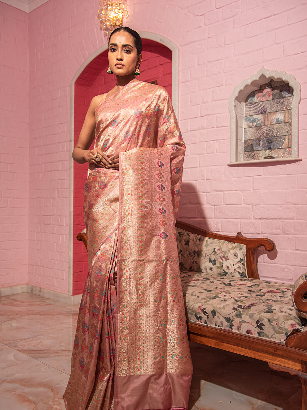 Pastel Pink Meenakari Katan Silk Handloom Banarasi Saree - Sacred Weaves