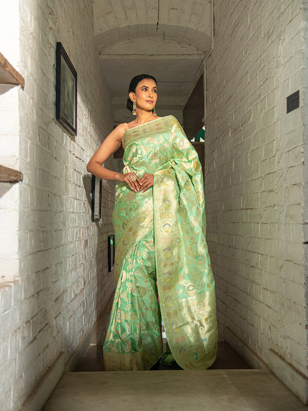 Pista Green Silk Saree With Zari Weaving Work