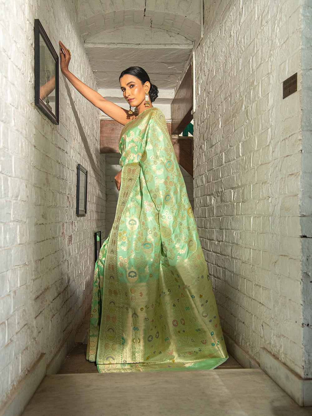 Pista Green Meenakari Katan Silk Handloom Banarasi Saree - Sacred Weaves