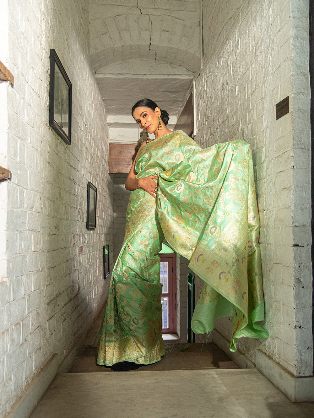 Pista Green Meenakari Katan Silk Handloom Banarasi Saree - Sacred Weaves