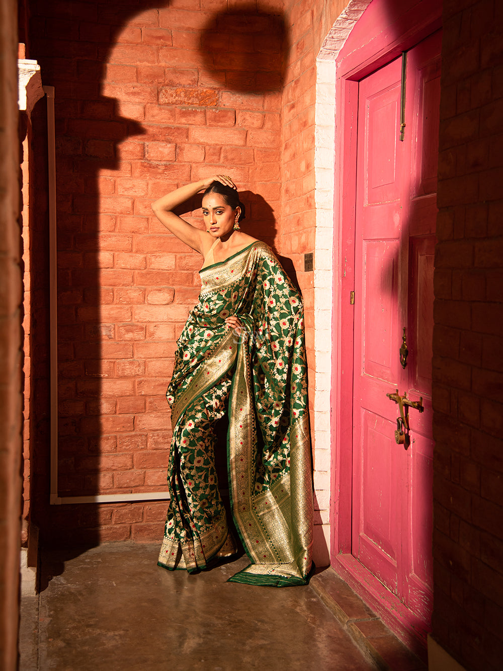Bottle Green Meenakari Uppada Katan Silk Handloom Banarasi Saree - Sacred Weaves