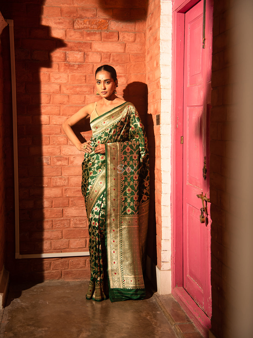 Bottle Green Meenakari Uppada Katan Silk Handloom Banarasi Saree - Sacred Weaves