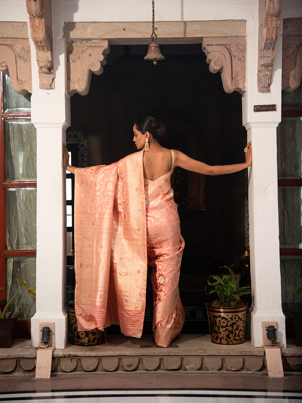 Peach Meenakari Katan Silk Handloom Banarasi Saree - Sacred Weaves