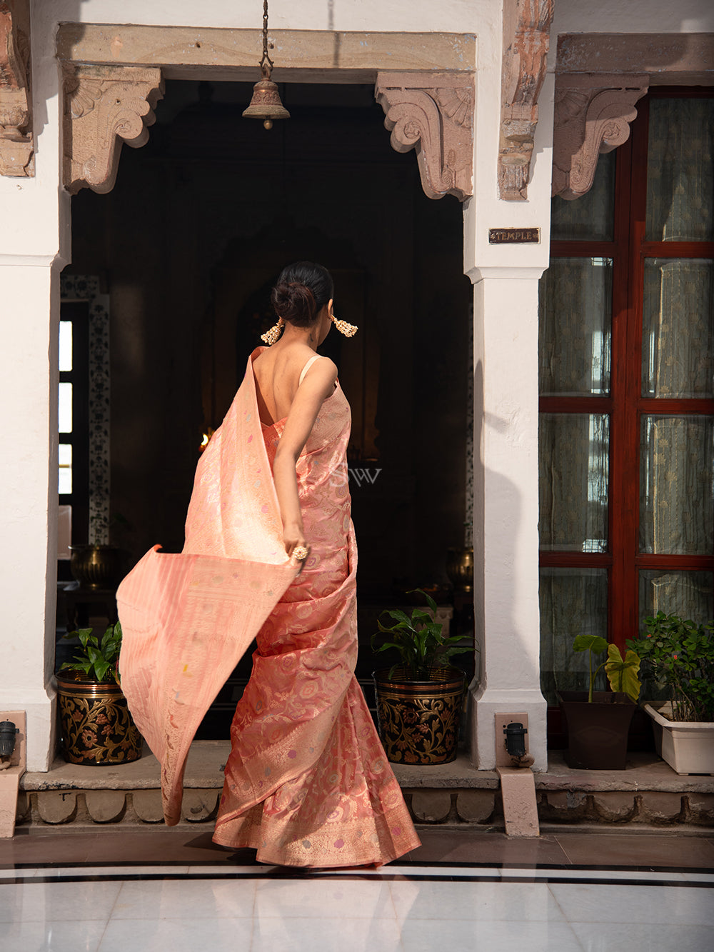 Peach Meenakari Katan Silk Handloom Banarasi Saree - Sacred Weaves