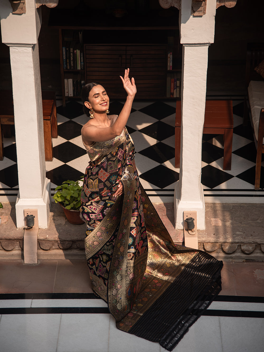 Black Meenakari Katan Silk Handloom Banarasi Saree - Sacred Weaves