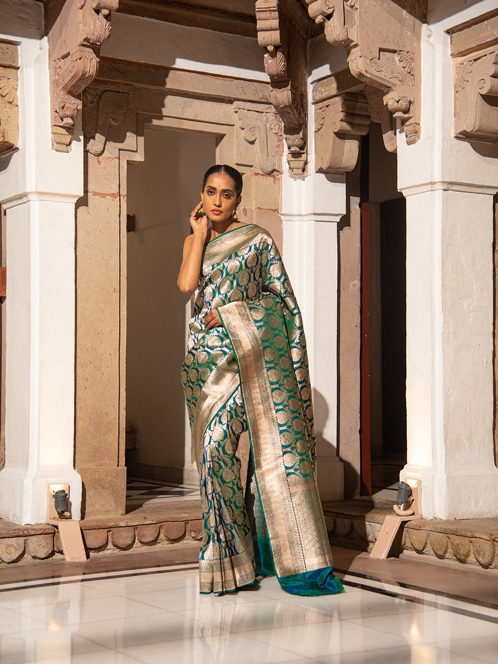 Peacock Green Meenakari Uppada Katan Silk Handloom Banarasi Saree - Sacred Weaves