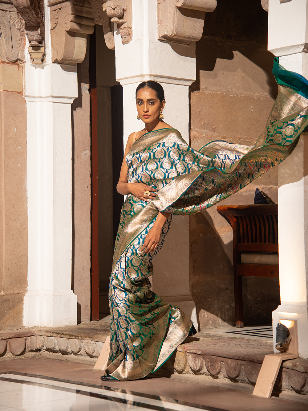 Peacock Green Meenakari Uppada Katan Silk Handloom Banarasi Saree - Sacred Weaves