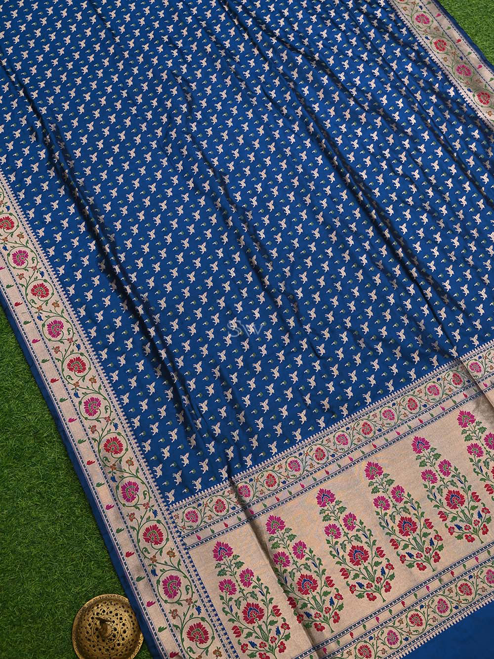 Midnight Blue Paithani Shikargah Katan Silk Handloom Banarasi Saree - Sacred Weaves