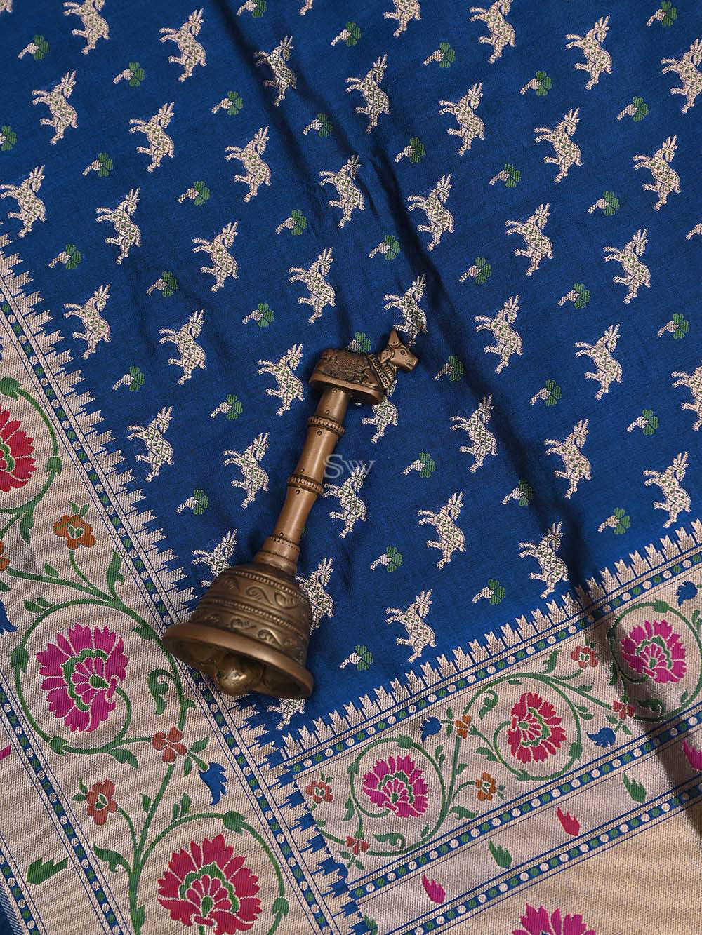 Midnight Blue Paithani Shikargah Katan Silk Handloom Banarasi Saree - Sacred Weaves