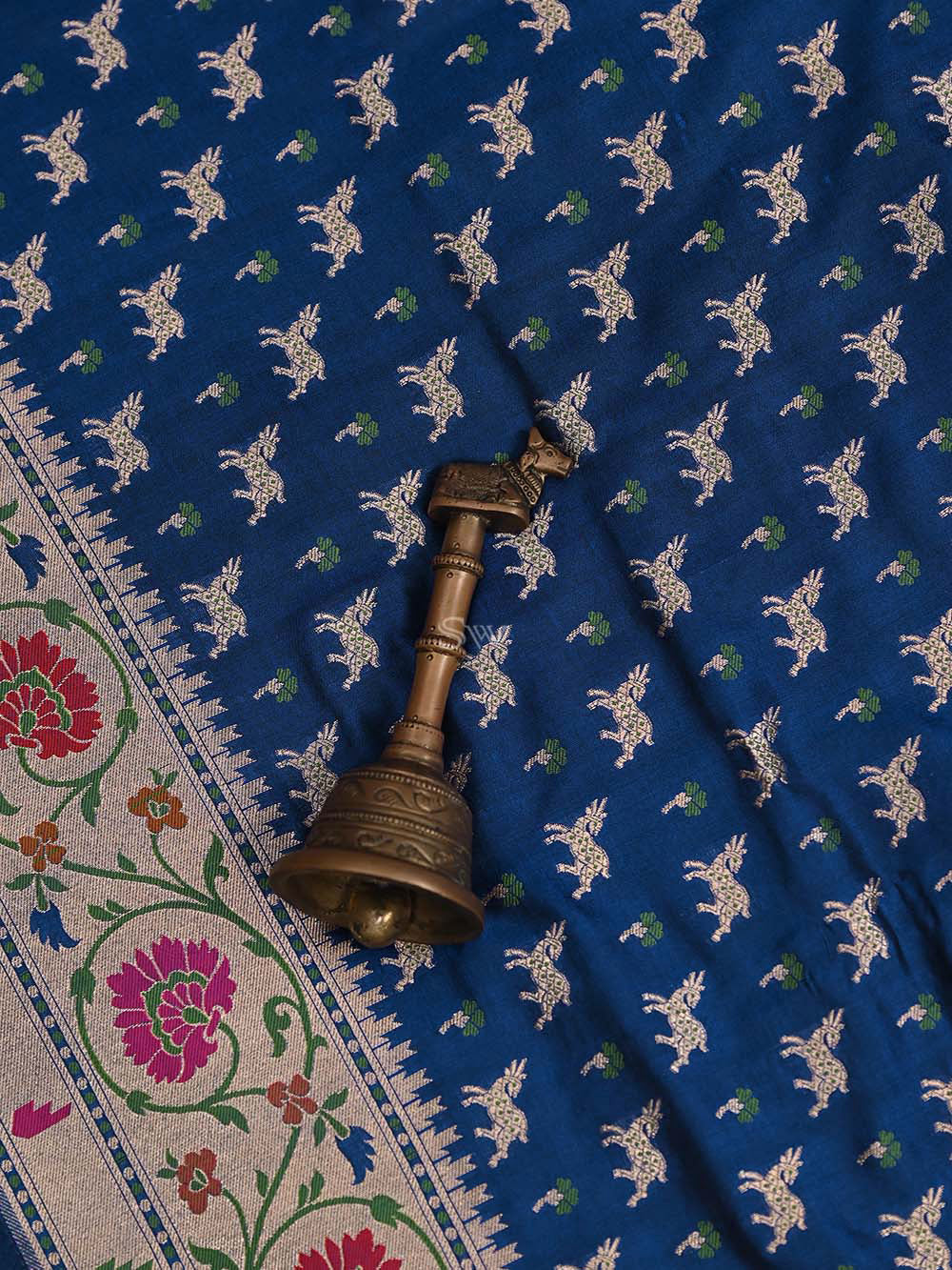 Midnight Blue Paithani Shikargah Katan Silk Handloom Banarasi Saree - Sacred Weaves