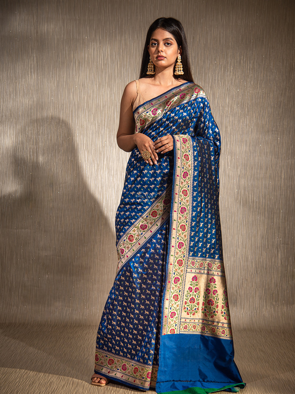 Midnight Blue Paithani Shikargah Katan Silk Handloom Banarasi Saree - Sacred Weaves