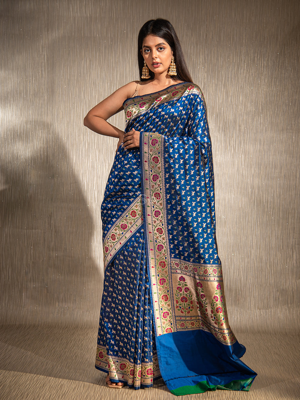 Midnight Blue Paithani Shikargah Katan Silk Handloom Banarasi Saree - Sacred Weaves