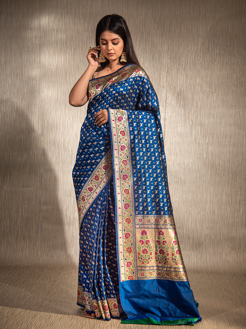 Midnight Blue Paithani Shikargah Katan Silk Handloom Banarasi Saree - Sacred Weaves