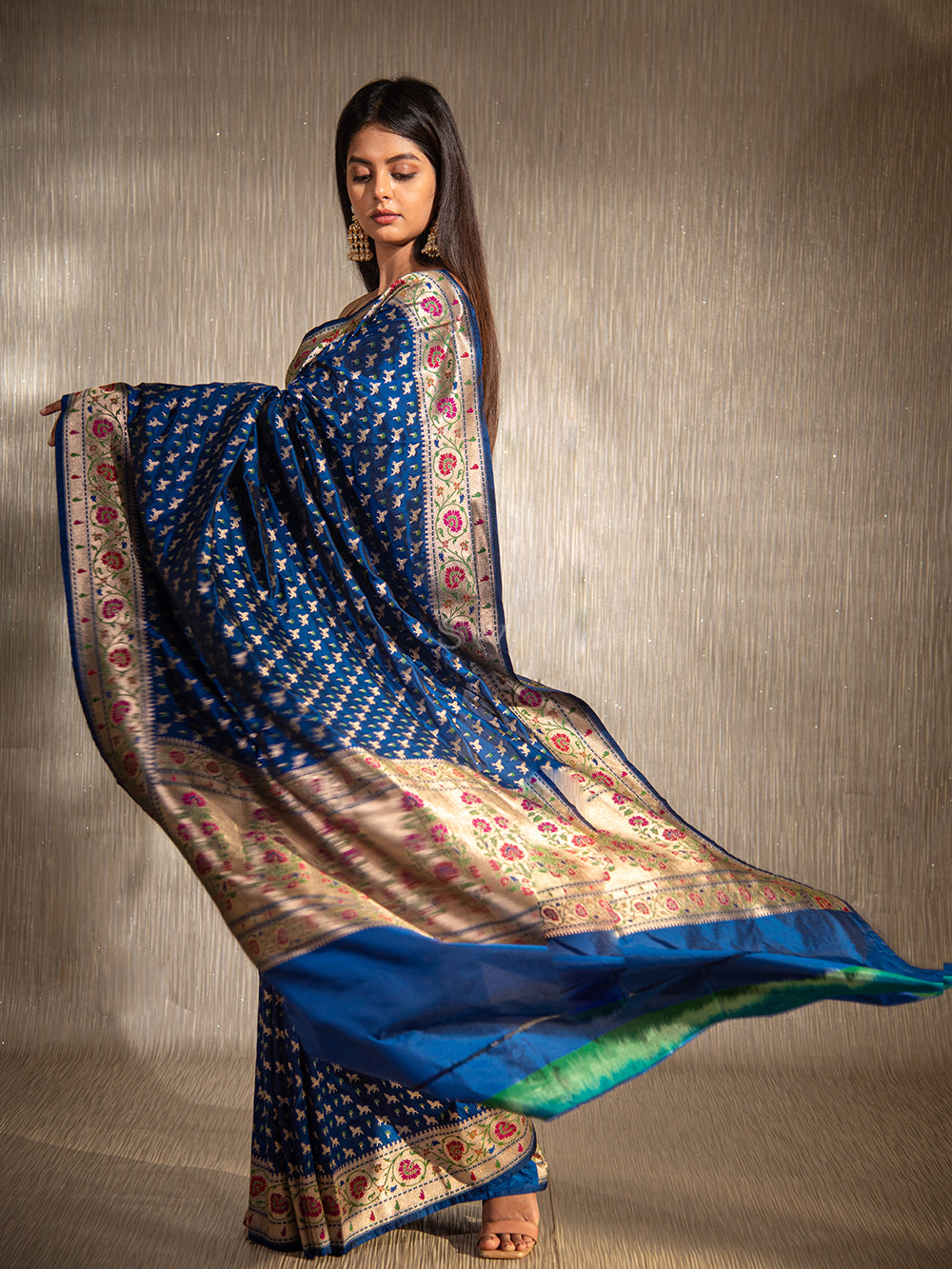 Midnight Blue Paithani Shikargah Katan Silk Handloom Banarasi Saree - Sacred Weaves