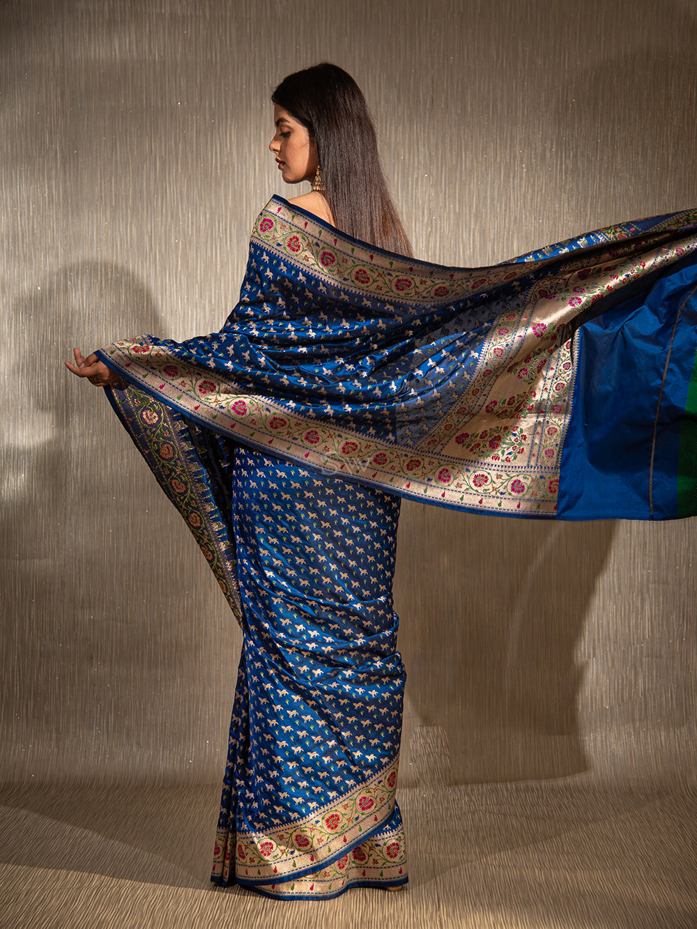 Midnight Blue Paithani Shikargah Katan Silk Handloom Banarasi Saree - Sacred Weaves