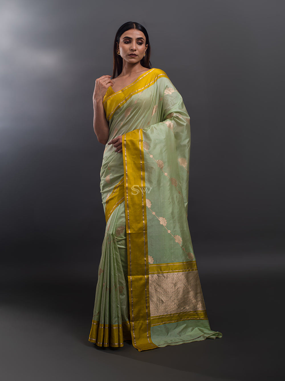 Pista Green Stripe Katan Silk Handloom Banarasi Saree - Sacred Weaves