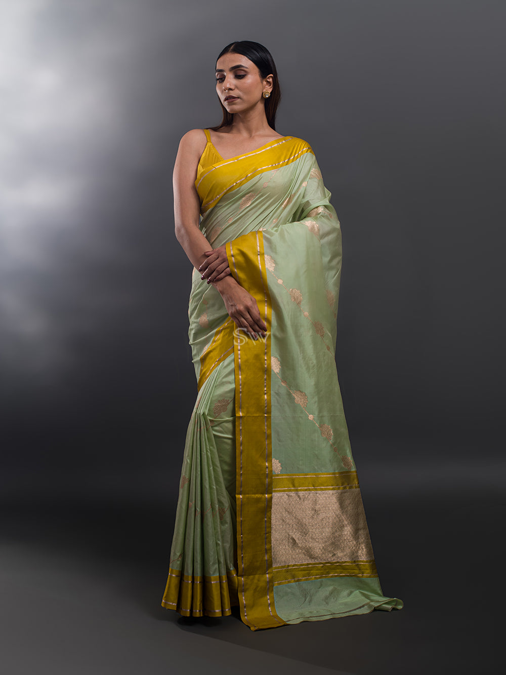 Pista Green Stripe Katan Silk Handloom Banarasi Saree - Sacred Weaves