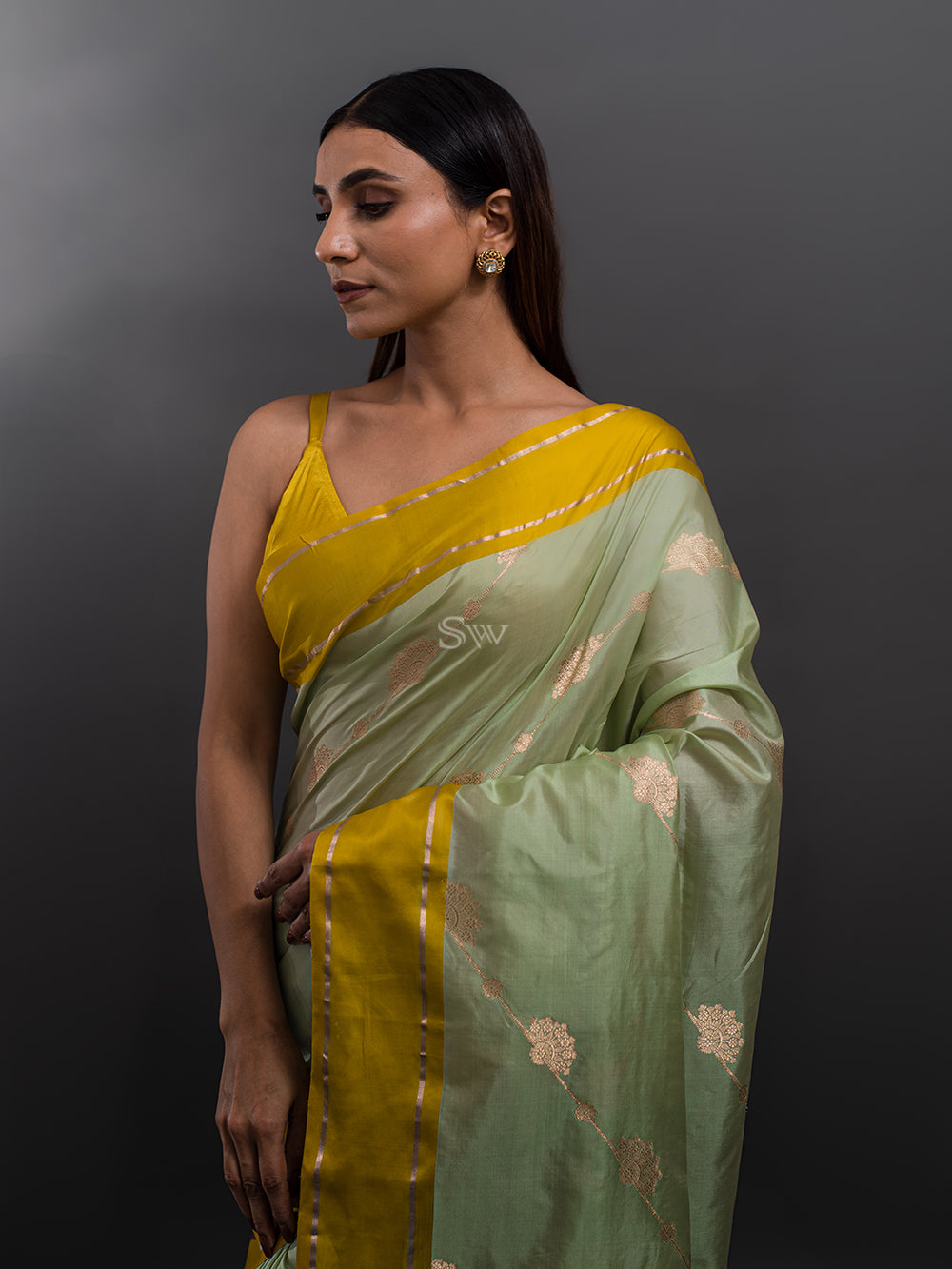 Pista Green Stripe Katan Silk Handloom Banarasi Saree - Sacred Weaves