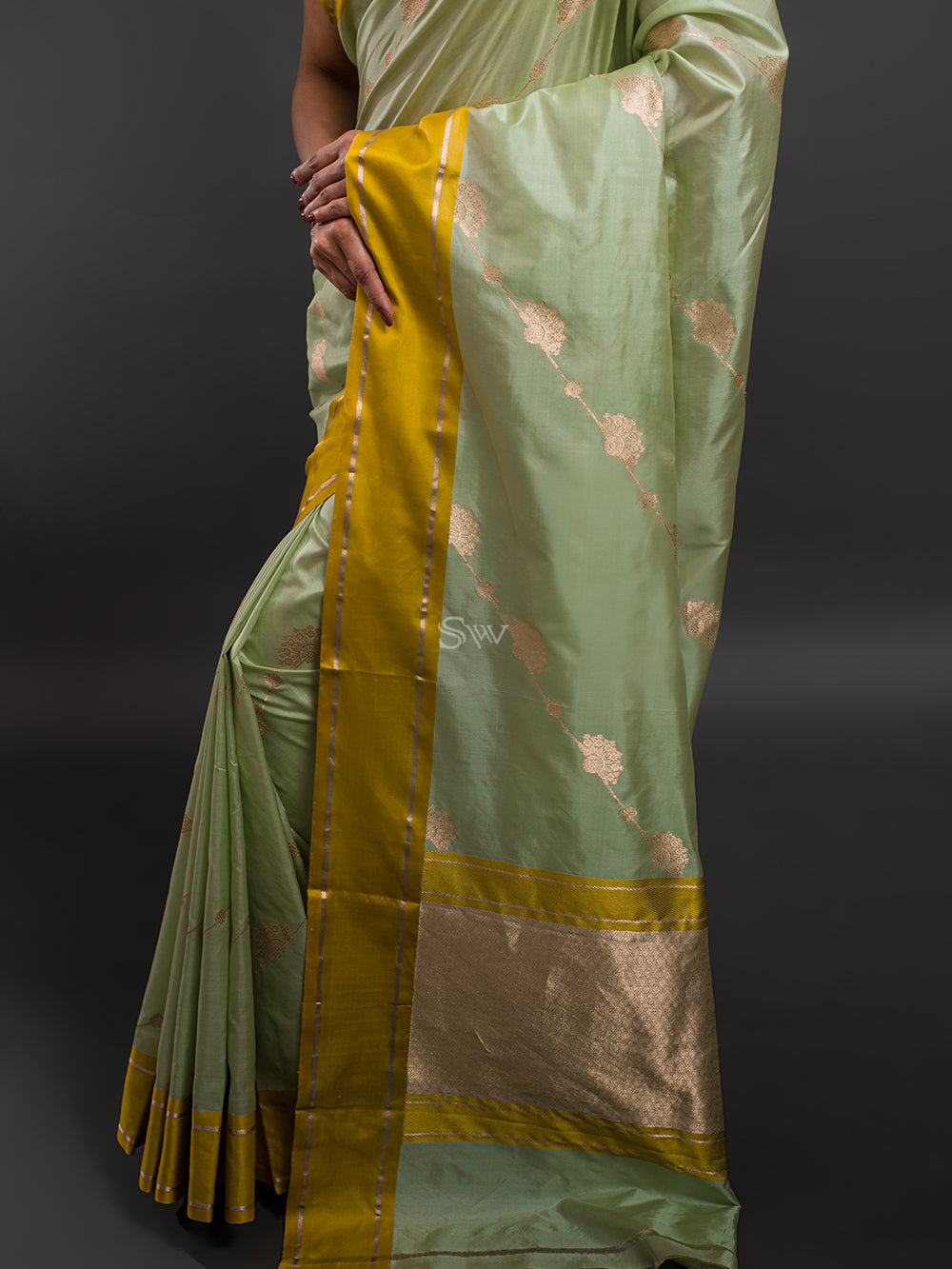 Pista Green Stripe Katan Silk Handloom Banarasi Saree - Sacred Weaves