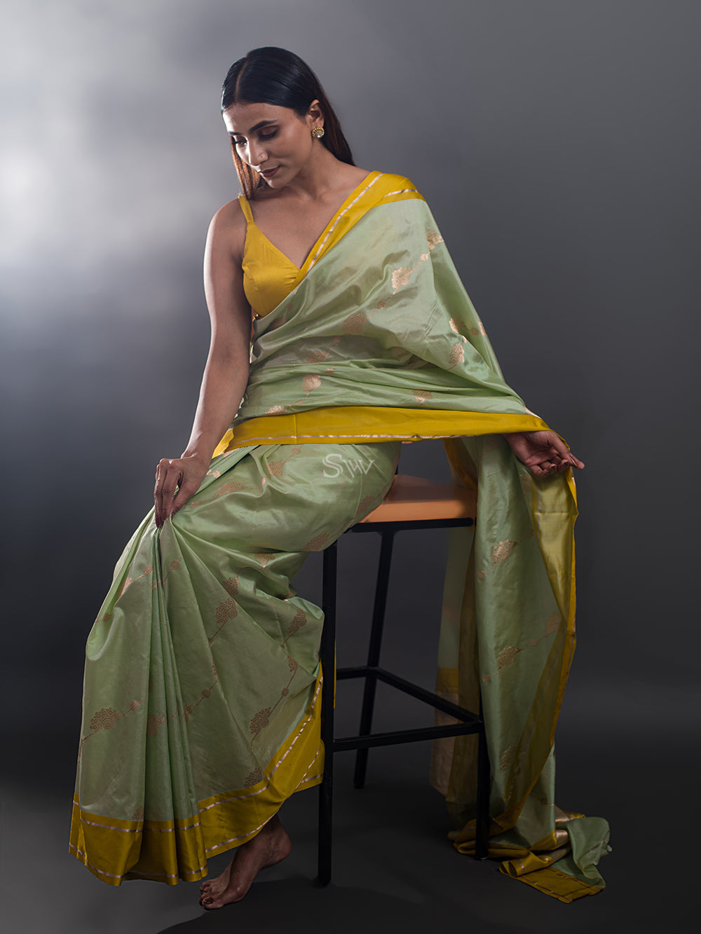 Pista Green Stripe Katan Silk Handloom Banarasi Saree - Sacred Weaves