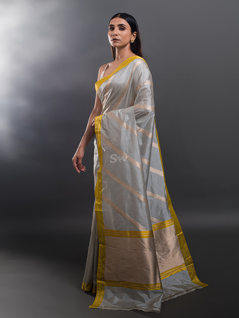 Light Grey Stripe Katan Silk Handloom Banarasi Saree - Sacred Weaves