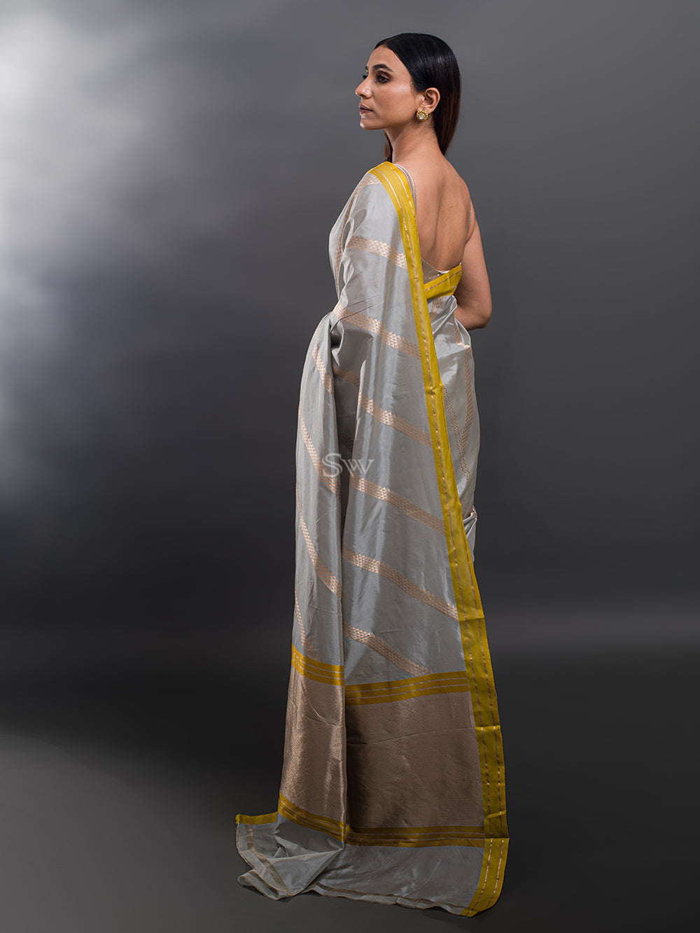 Light Grey Stripe Katan Silk Handloom Banarasi Saree - Sacred Weaves