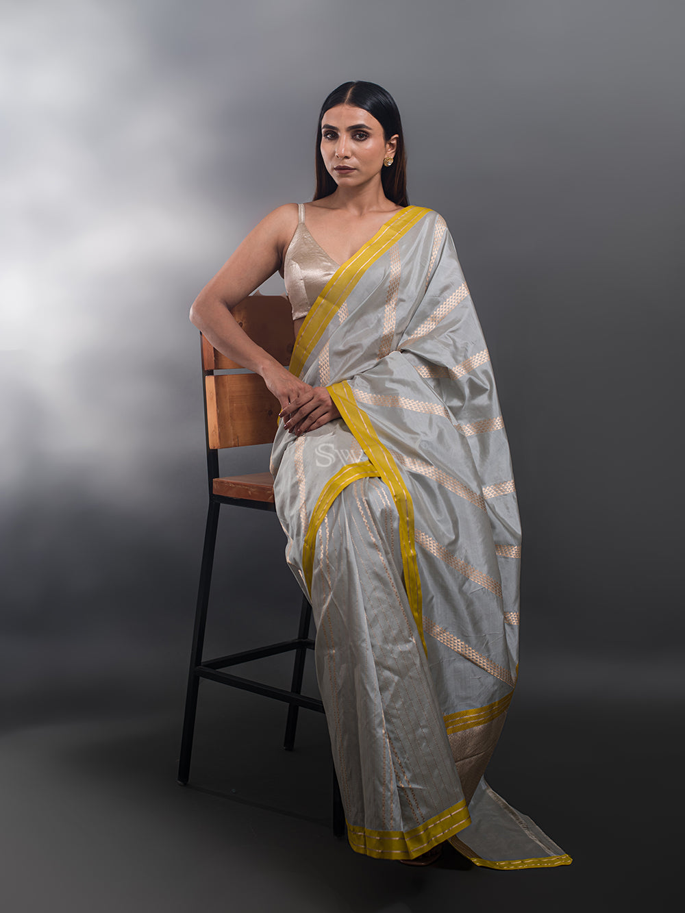 Light Grey Stripe Katan Silk Handloom Banarasi Saree - Sacred Weaves