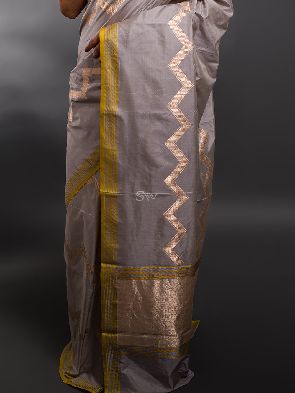 Grey Stripe Katan Silk Handloom Banarasi Saree - Sacred Weaves