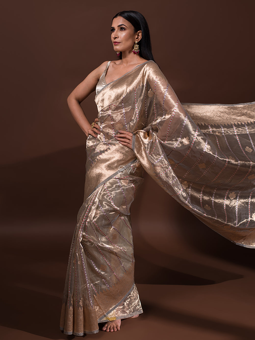 Grey Gold Tissue Handloom Banarasi Saree - Sacred Weaves
