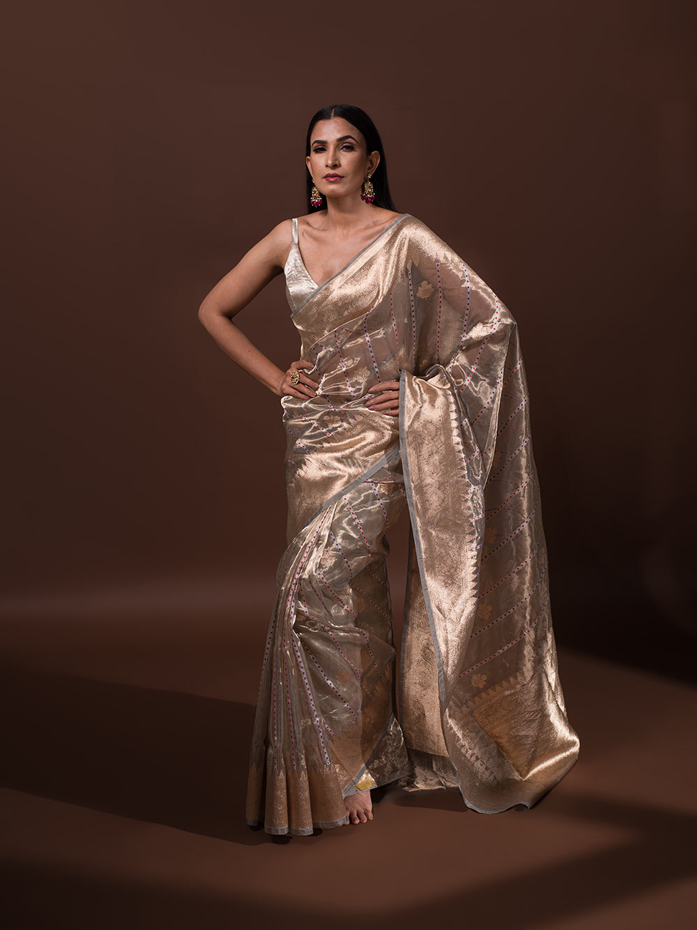Grey Gold Tissue Handloom Banarasi Saree - Sacred Weaves
