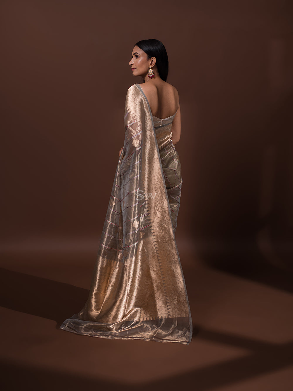 Grey Gold Tissue Handloom Banarasi Saree - Sacred Weaves