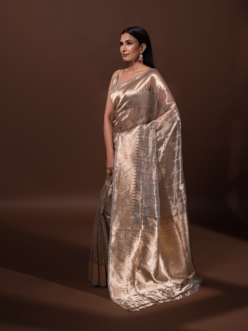 Grey Gold Tissue Handloom Banarasi Saree - Sacred Weaves