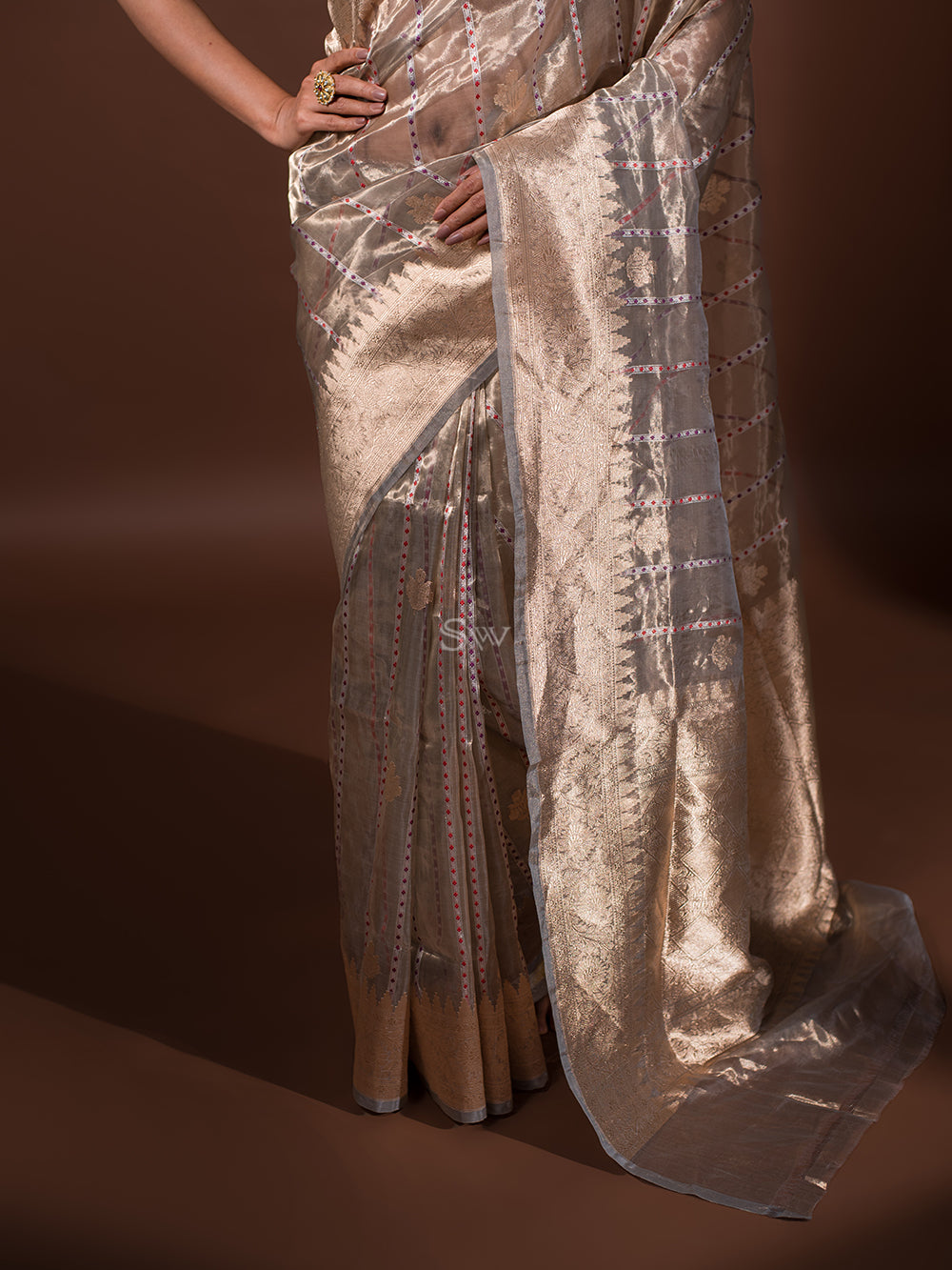 Grey Gold Tissue Handloom Banarasi Saree - Sacred Weaves