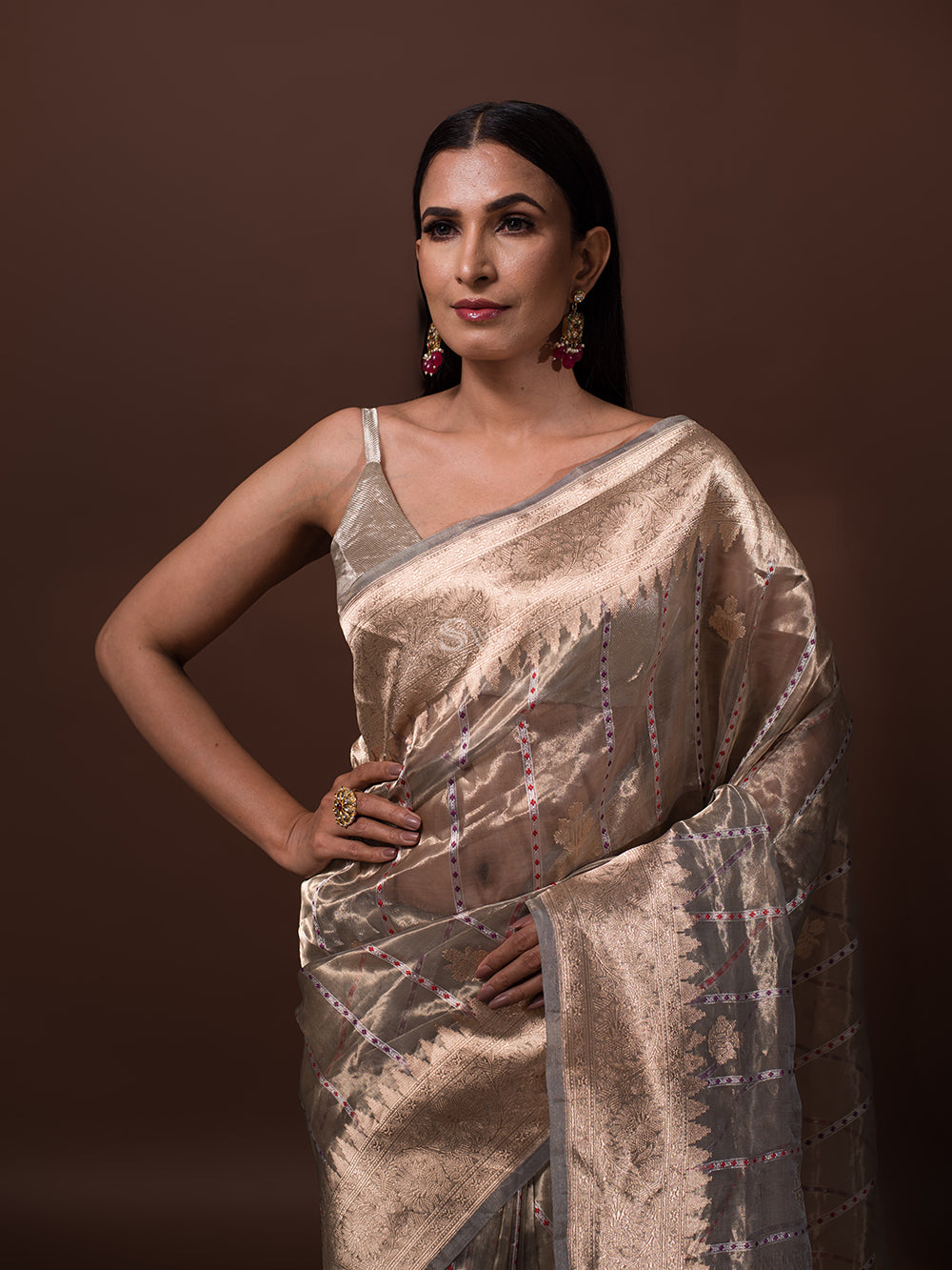 Grey Gold Tissue Handloom Banarasi Saree - Sacred Weaves