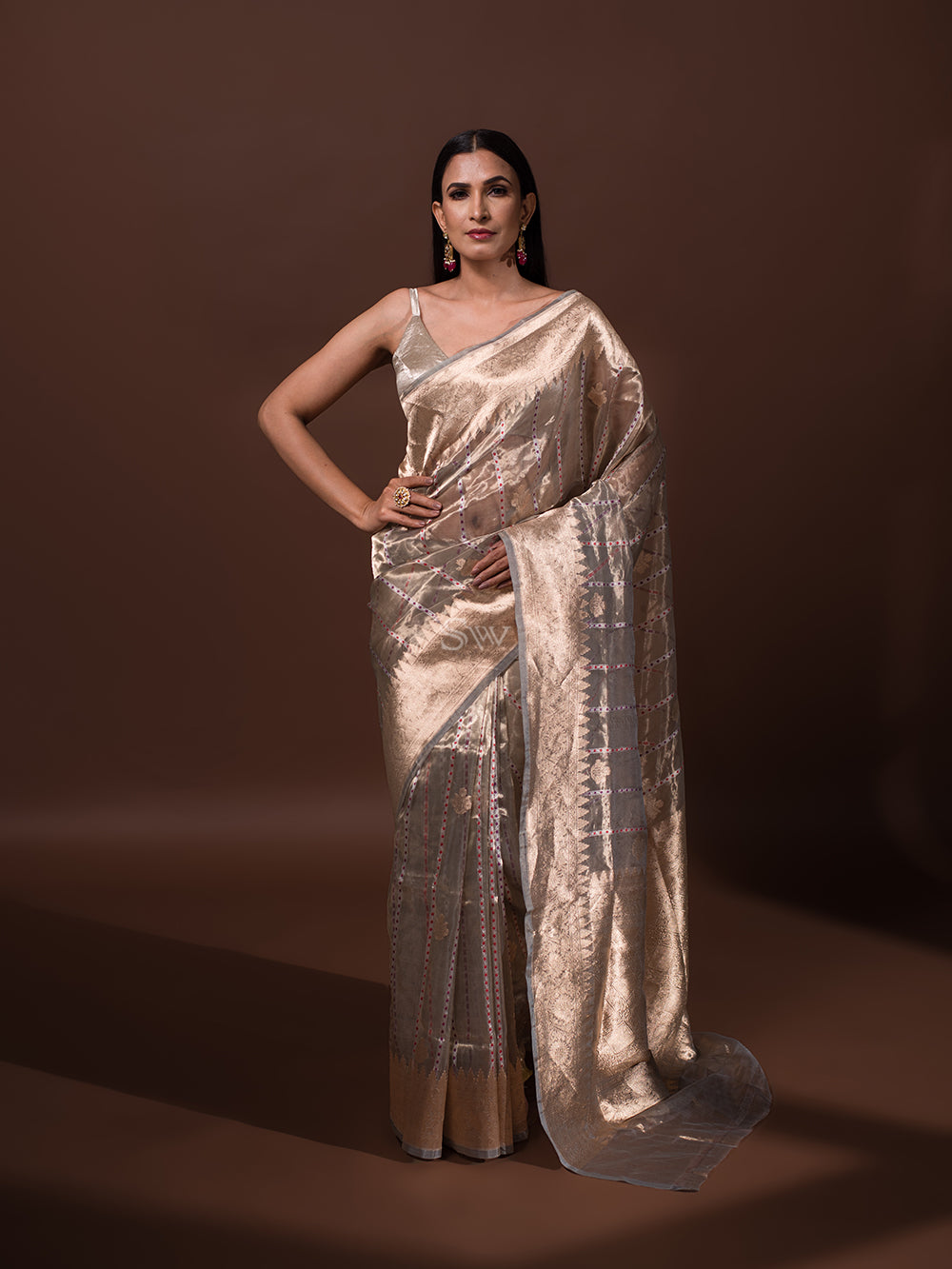 Grey Gold Tissue Handloom Banarasi Saree - Sacred Weaves