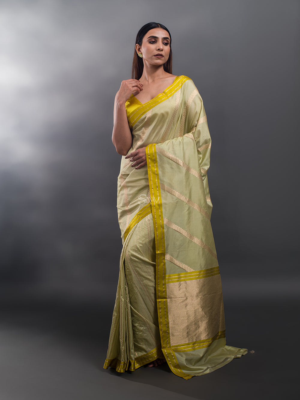 Pista Green Stripe Katan Silk Handloom Banarasi Saree - Sacred Weaves