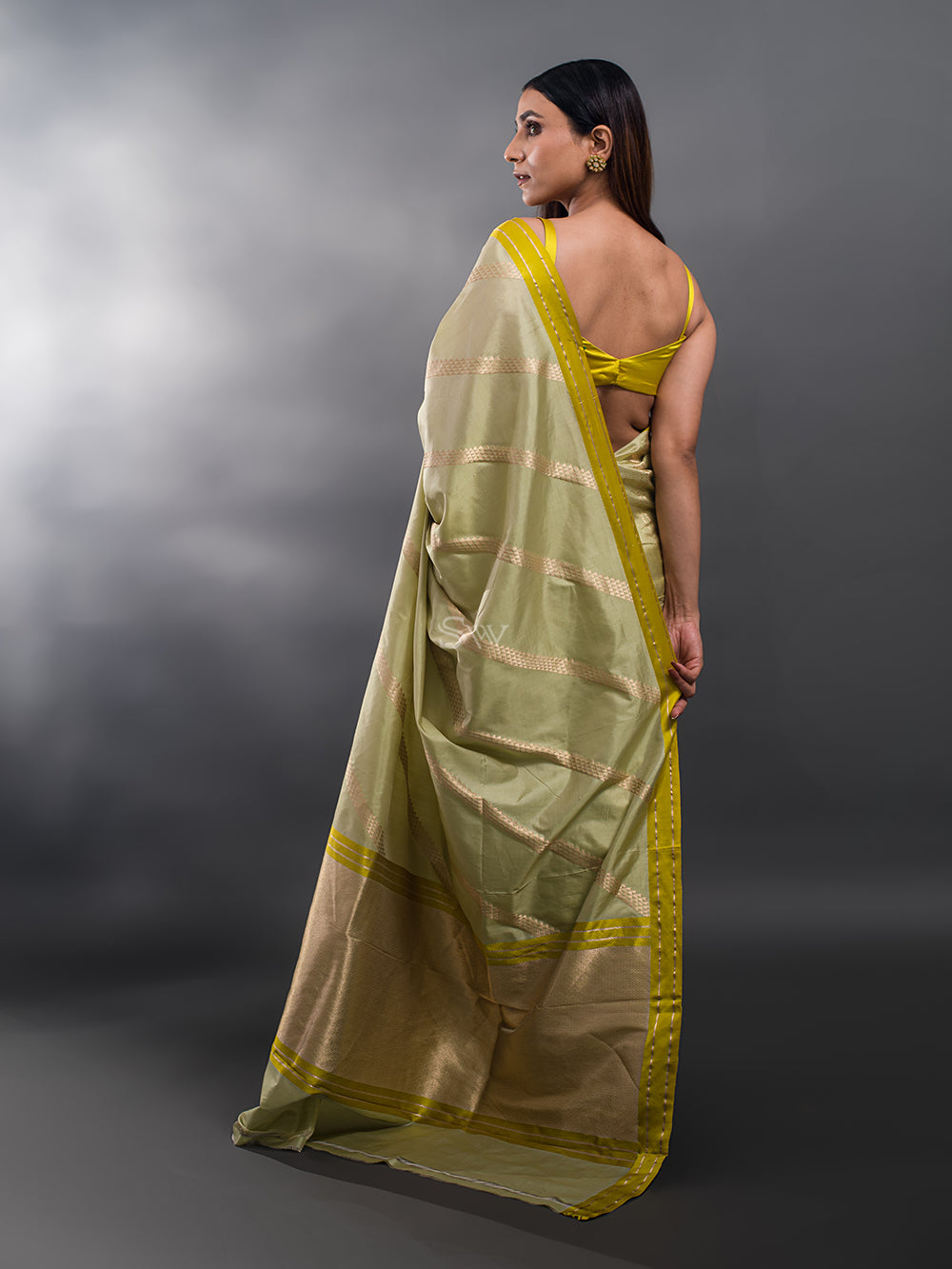 Pista Green Stripe Katan Silk Handloom Banarasi Saree - Sacred Weaves