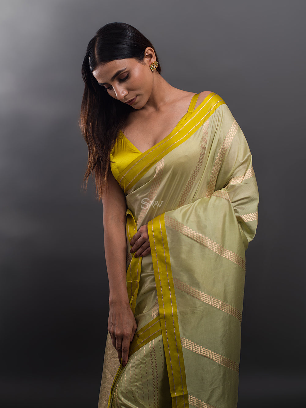 Pista Green Stripe Katan Silk Handloom Banarasi Saree - Sacred Weaves