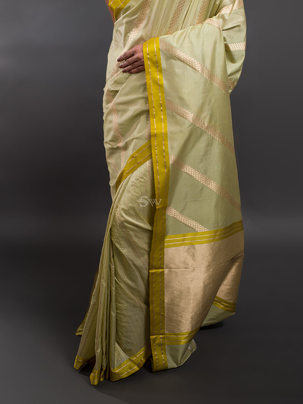 Pista Green Stripe Katan Silk Handloom Banarasi Saree - Sacred Weaves