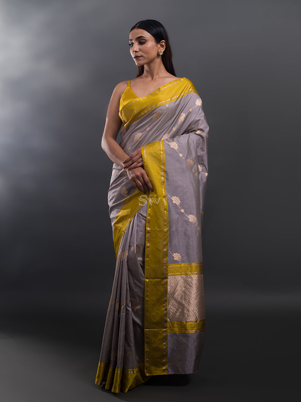 Grey Stripe Katan Silk Handloom Banarasi Saree - Sacred Weaves