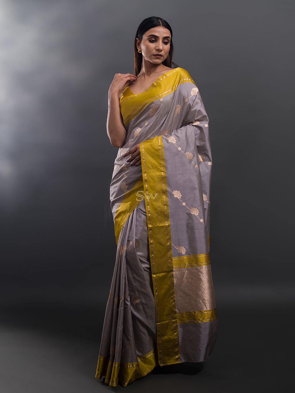 Grey Stripe Katan Silk Handloom Banarasi Saree - Sacred Weaves