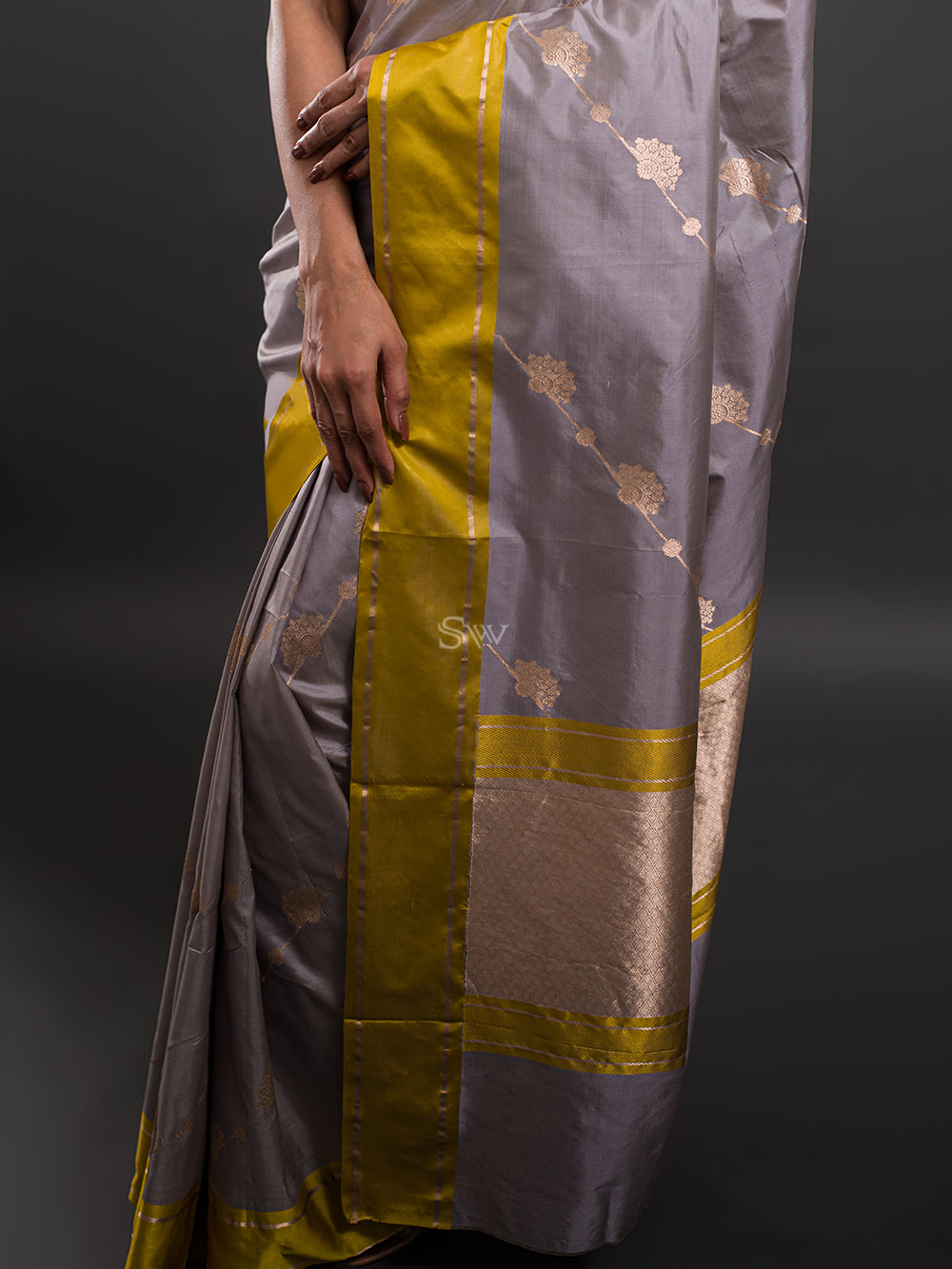 Grey Stripe Katan Silk Handloom Banarasi Saree - Sacred Weaves