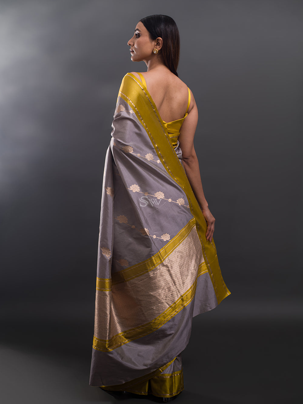 Grey Stripe Katan Silk Handloom Banarasi Saree - Sacred Weaves