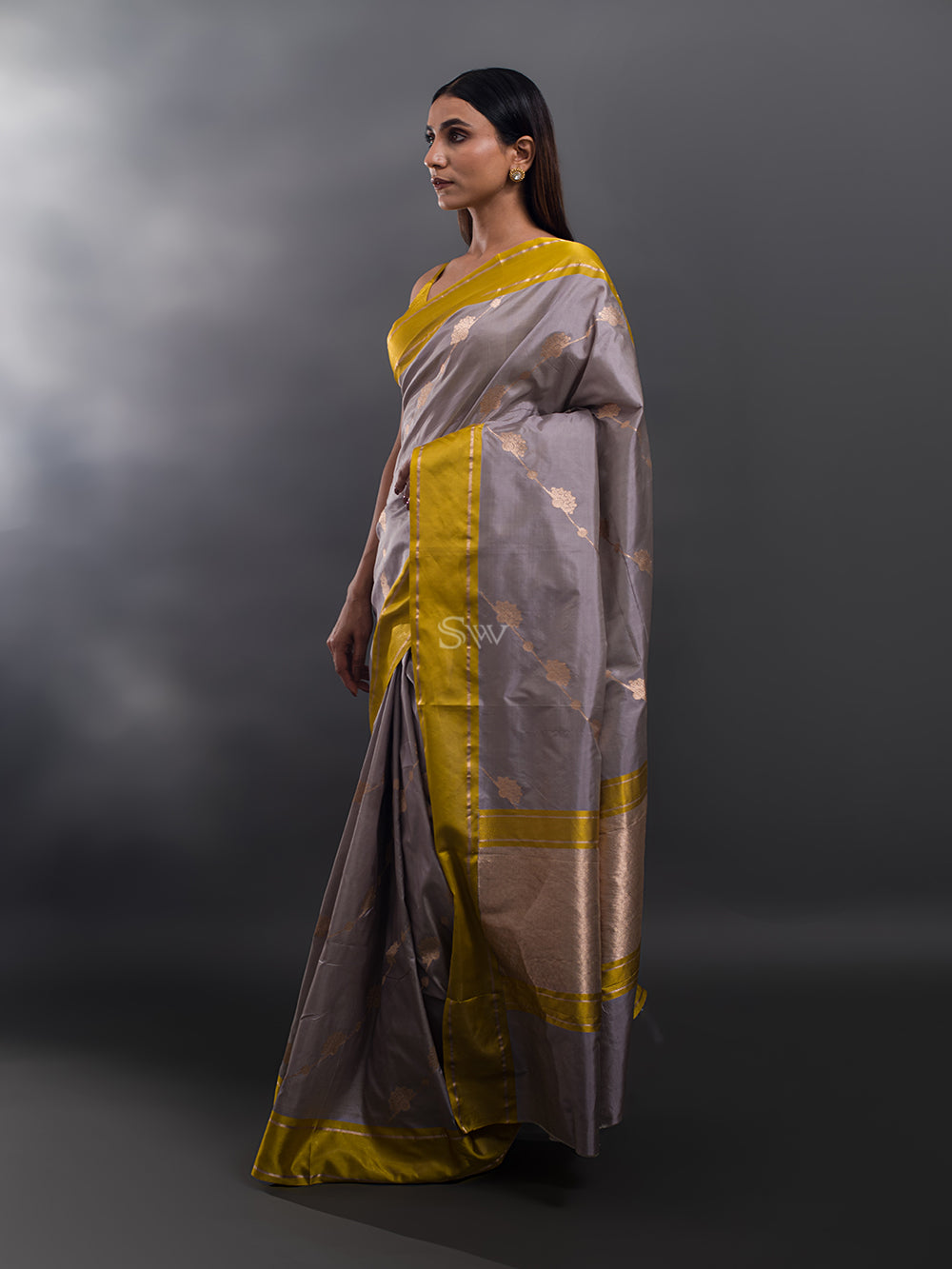 Grey Stripe Katan Silk Handloom Banarasi Saree - Sacred Weaves