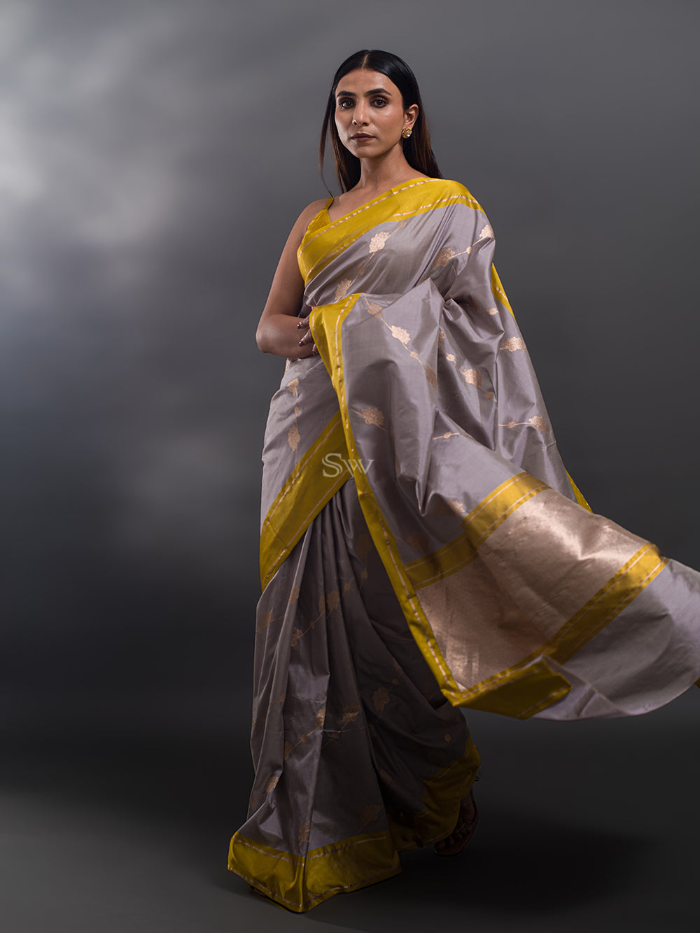 Grey Stripe Katan Silk Handloom Banarasi Saree - Sacred Weaves