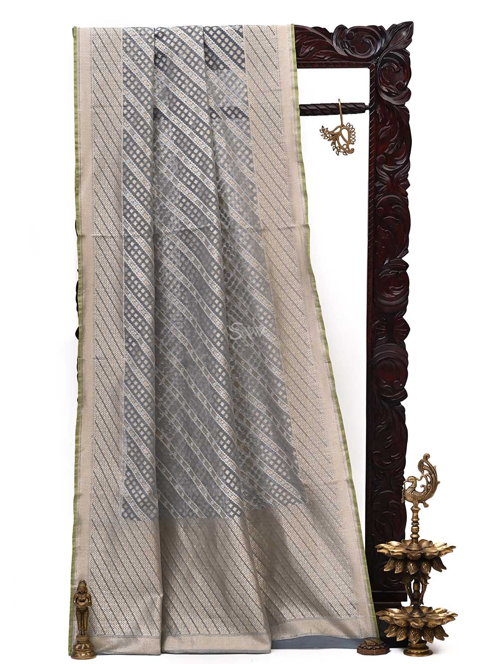 Grey Stripe Cotton Silk Handloom Banarasi Saree - Sacred Weaves