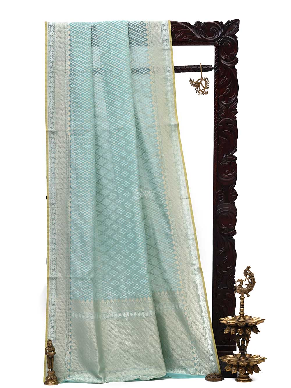 Sea Green Booti Cotton Silk Handloom Banarasi Saree - Sacred Weaves
