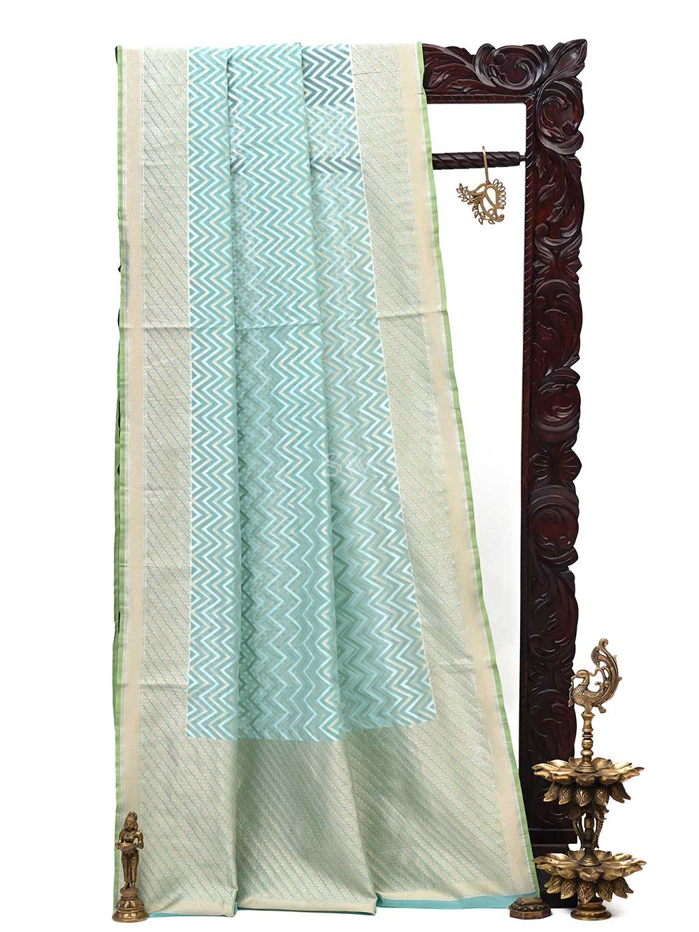 Sea Green Stripe Cotton Silk Handloom Banarasi Saree - Sacred Weaves