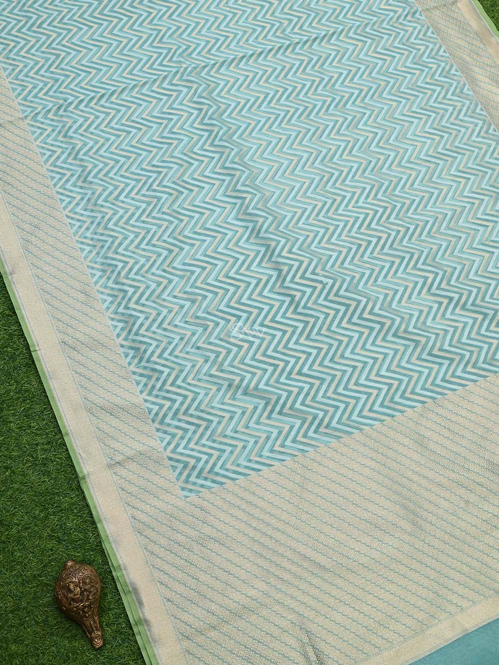 Sea Green Stripe Cotton Silk Handloom Banarasi Saree - Sacred Weaves